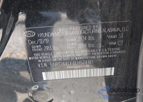 2020 Hyundai Elantra Sel z USA, uszkodzony, nr VIN 5NPD84LF3LH574181